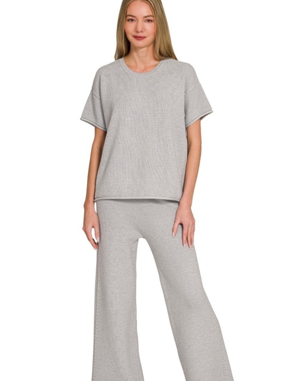 Zenana Premium Viscose Blend H Grey Knit Pants Set NWOT - Picture 7 of 8